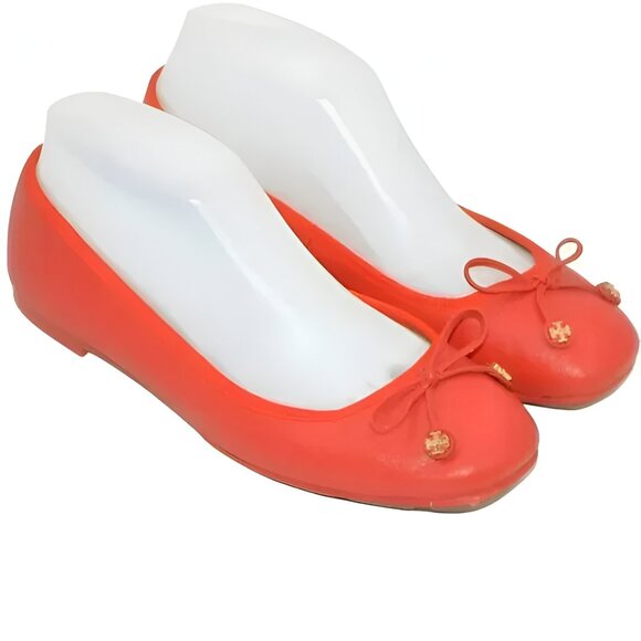 Tory Burch Coral Orange Soft Leather Logo Bow Driving Flats Ballet Loafers 7.5 - Picture 4 of 10